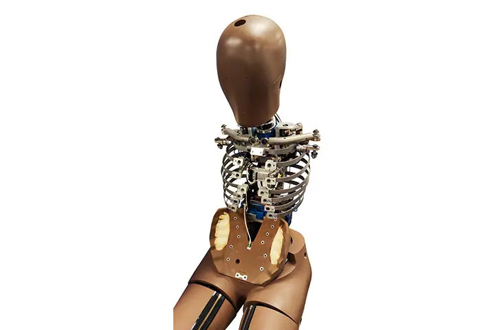 The crash test dummy THOR 5F ATD is part of the crash test measuring technology portfolio by Kistler