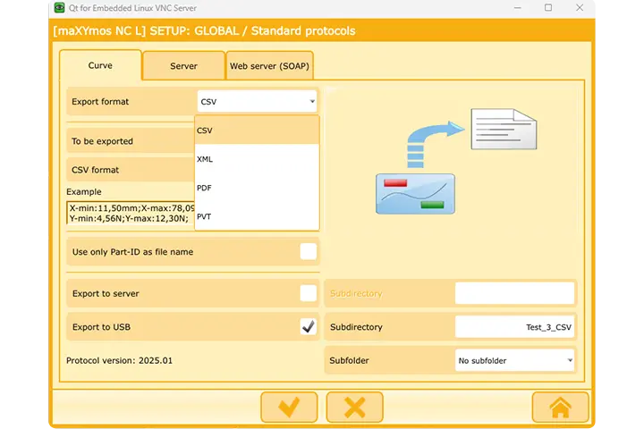 maXYmos setup: Data export (CSV, XML, PDF) – for servo presses and force-displacement monitoring in plant/machine.