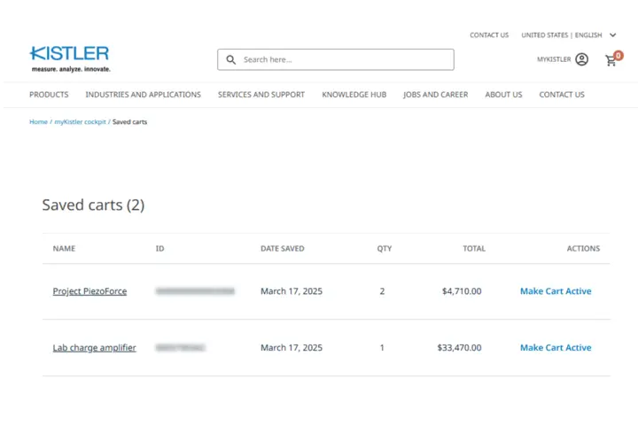 The 'Saved Carts' feature in myKistler allows you to save carts for later use.