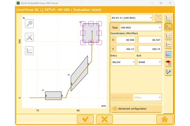 Testing tool setup menu with 3 EOs: size and count up to 10 freely configurable – servopress, force‑displacement, pneumatics.