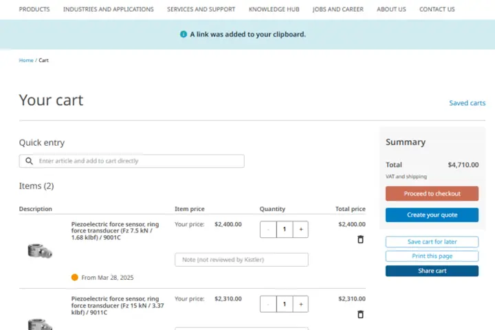 The 'myKistler Share cart' function enables you to share a link to your cart.