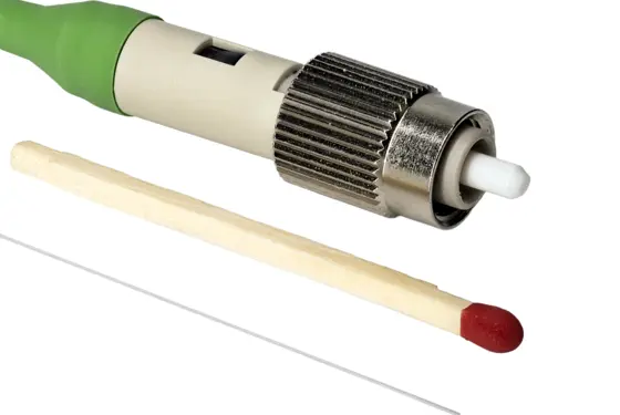 Ultra-thin fiber segment interferometry (FSI) strain sensor 2071A, 155 µm diameter, with optical connector.