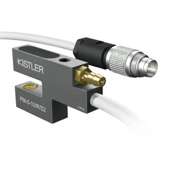 Fork light barriers, infrared, fork width 5 to 20 mm, plug S2 7-pin, external electronics, with cleaning nozzle / PM/R/S2 These compact, plug-in fork light barriers with separate electronics and cleaning nozzle are suitable for use in highly oily or dusty operating conditions.